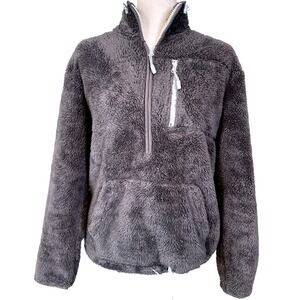 Pink VS Women's Fuzzy Fleece Pullover Gray 1/2 Zip Sweatshirt Cozy Comfy Small‎